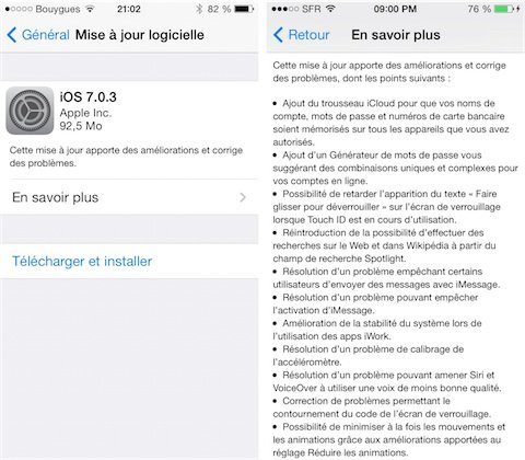 Image 2 : iPhone/iPad : la mise à jour iOS 7.0.3 corrige les bugs