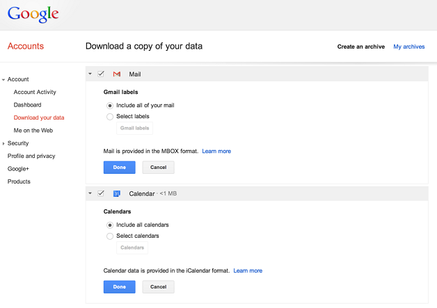 Image 1 : Google vous permet désormais d'exporter vos mails et vos agendas