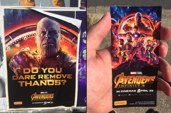 Image 1 : Des places de ciné se cachent derrière les affiches d'Avengers Infinity War