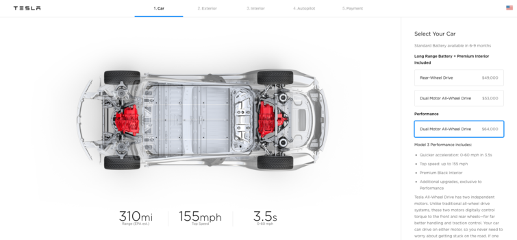 Image 1 : Tesla Model 3 : vous pouvez configurer (virtuellement) votre voiture, mais elle n'arrivera qu'en 2019