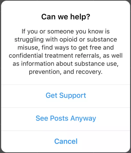 Image 2 : Instagram affichera un pop-up sur la toxicomanie en cas de recherche sur certains hashtags