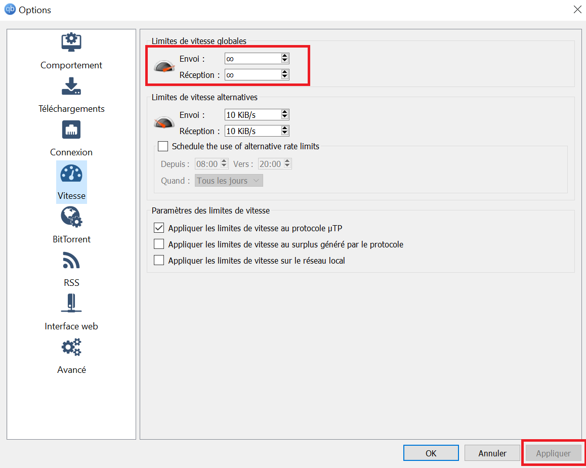qBittorrent vitesse telechargement