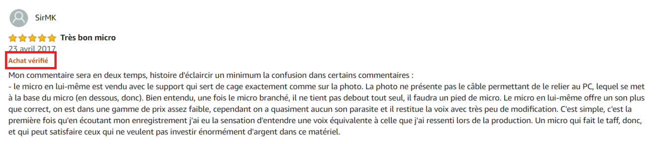 avis amazon achat verifie