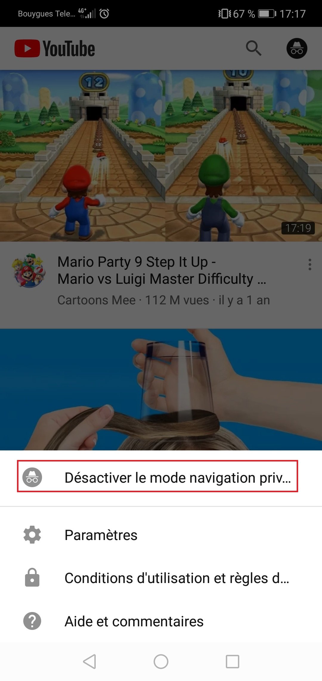 desactiver navigation privee youtube