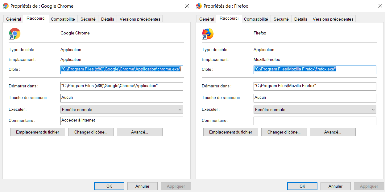 Propriétés Raccourci Google Chrome Firefox