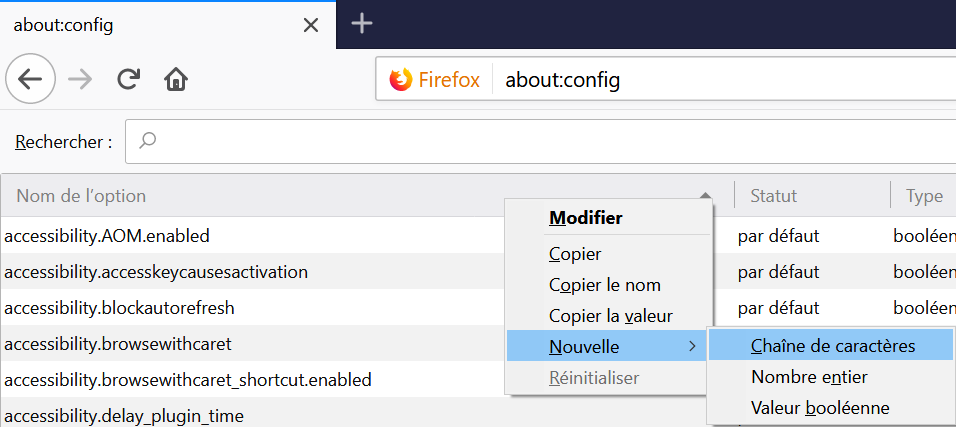 Mozilla Firefox about:config new string