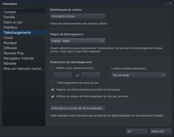 Paramètres de téléchargements steam