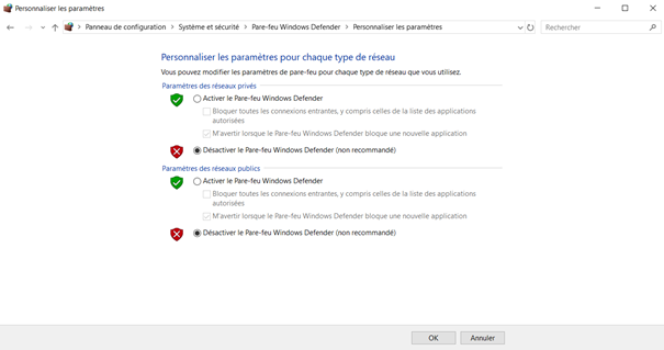 Activer ou désactiver le pare-feu windows