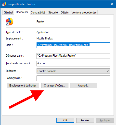 modifier icone raccourci windows 10