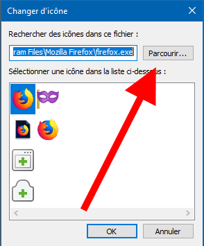 parcourir liste icones raccourcis windows 10