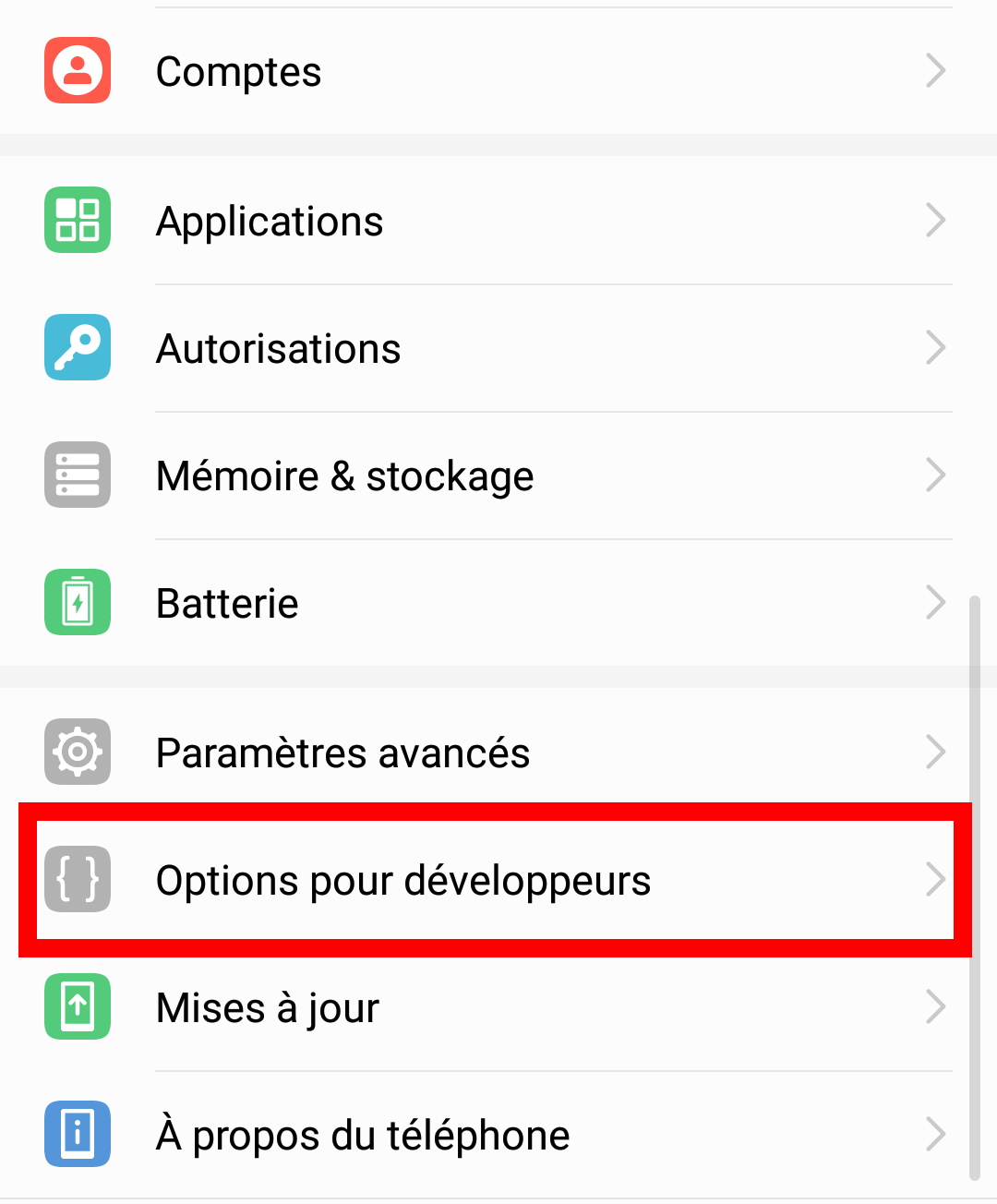 smartphone options developpeur