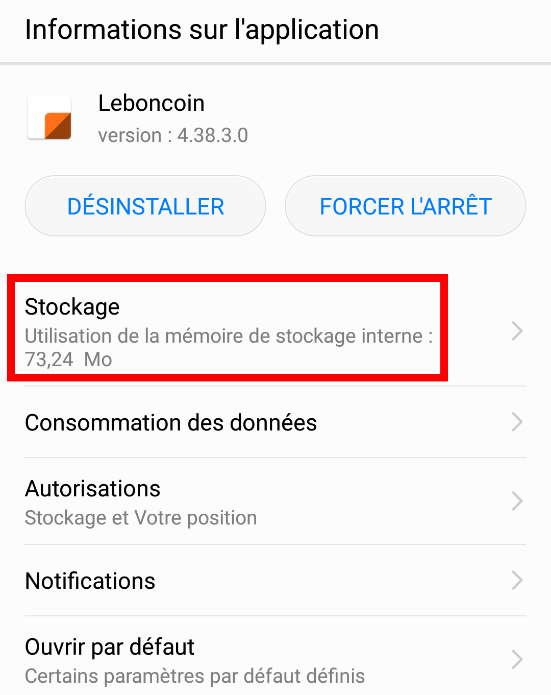 stockage application android
