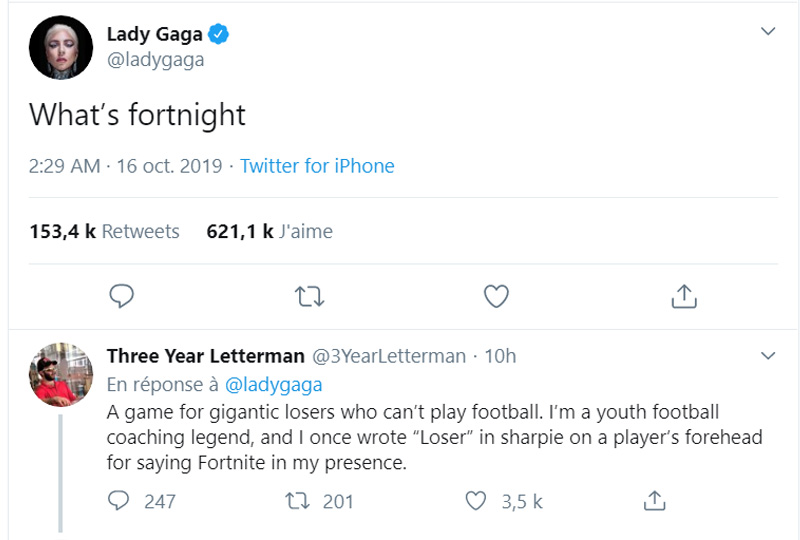 Image 1 : Fortnite : Lady Gaga demande à Twitter ce qu’est « Fortnight » et se fait incendier