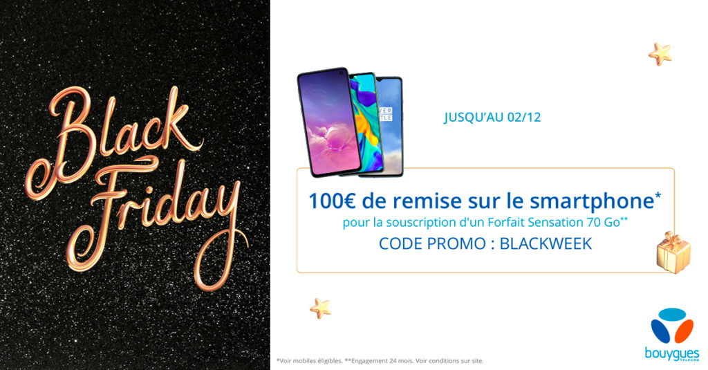Image 1 : Forfait Bouygues Sensation avec Avantages Smartphone : remise de 100 € sur les mobiles pendant le  Black Friday