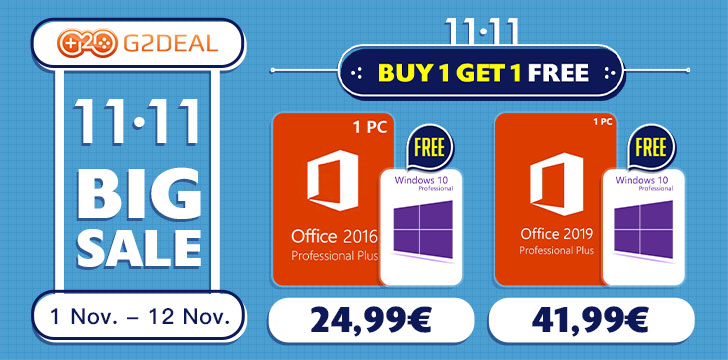 Image 1 : G2deal : Windows 10 offert pour l'achat de la suite Office pour les Singles Day