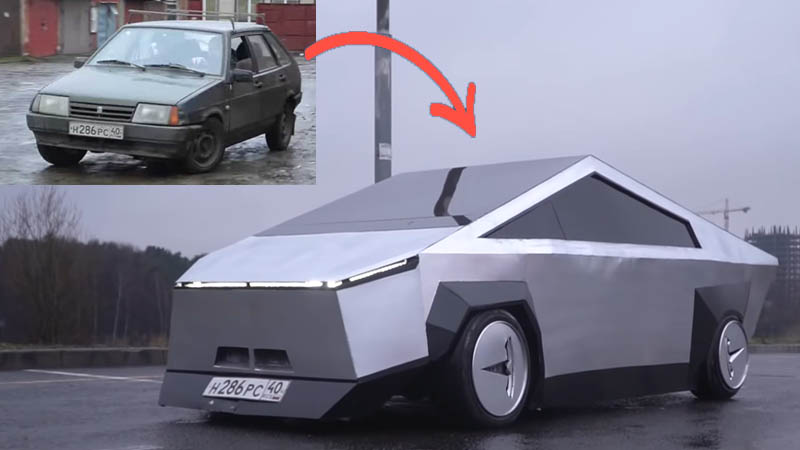 Image 1 : Tesla : une Lada transformée en Cybertruck par des youtubeurs russes
