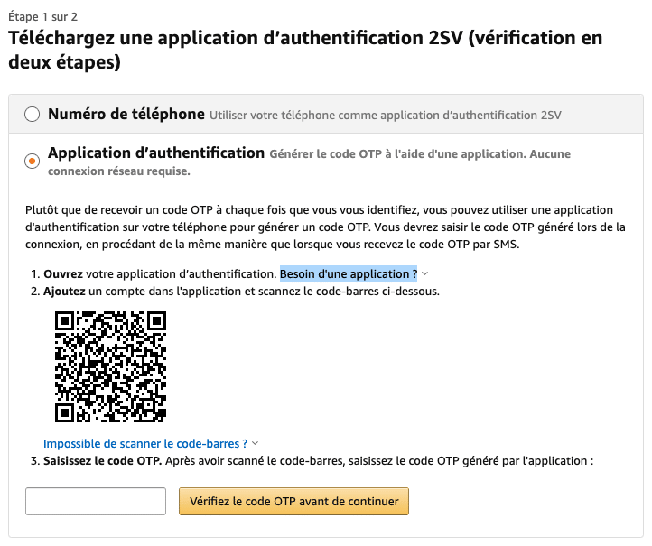 application authentification 2SV amazon