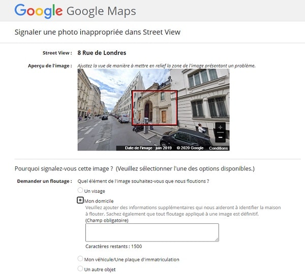 Page de signalement d'une image sur Google Street View