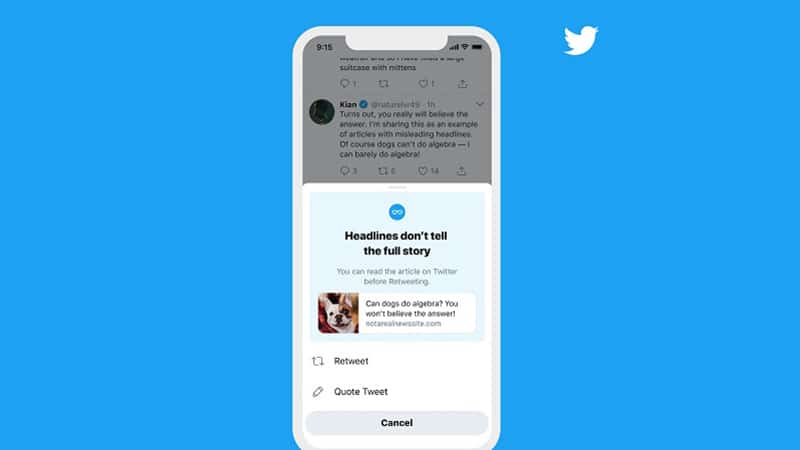 Le message demandant de relire un article avant de le partager sur Twitter