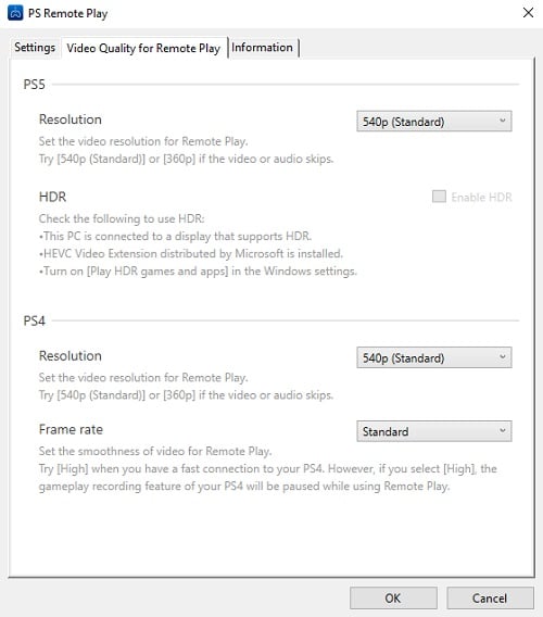Capture d'écran des paramètres vidéo de l'application PS Remote Play sur Windows