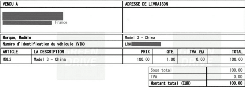 Facture Tesla Model 3 - Greendrive