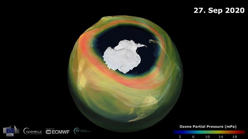 Le trou de la couche d'ozone au-dessus de l'Antarctique le 27 septembre 2020