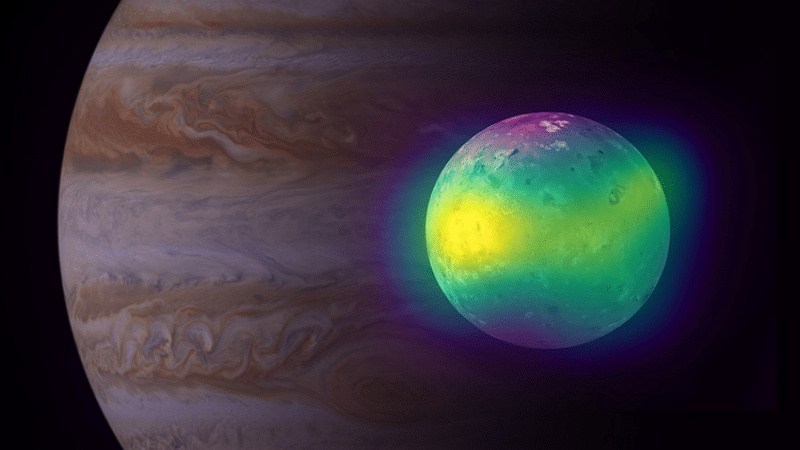 Volcans sur Io, la lune de Jupiter - ALMA (ESO/NAOJ/NRAO), I. de Pater et al.; NRAO/AUI NSF, S. Dagnello; NASA/ESA