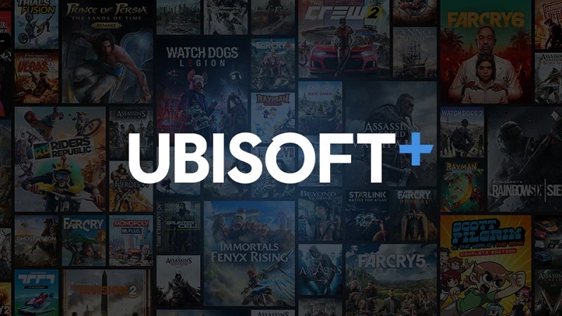 Logo d'Ubisoft+ et quelques jeux disponibles avec l'abonnement