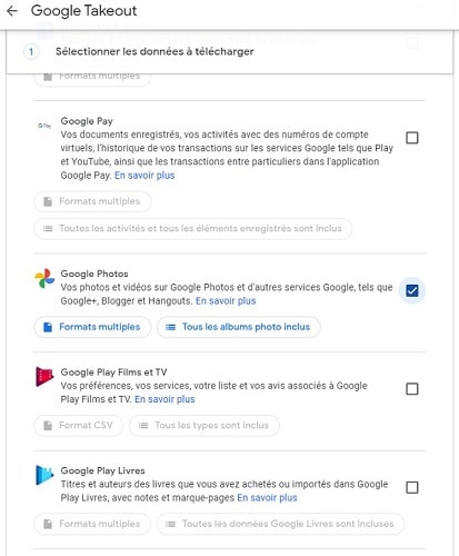 Sélectionnez Google Photos dans la liste proposée par Google Takeout