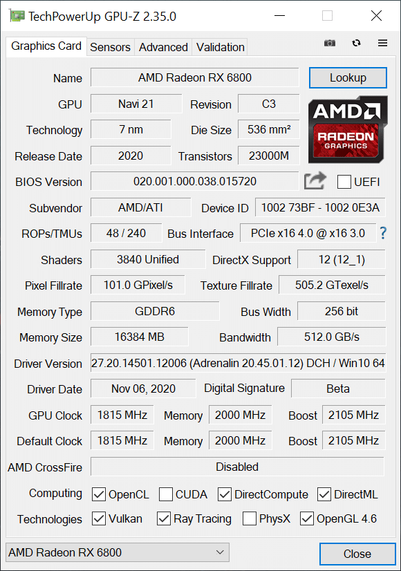 GPU-z Radeon RX 6800