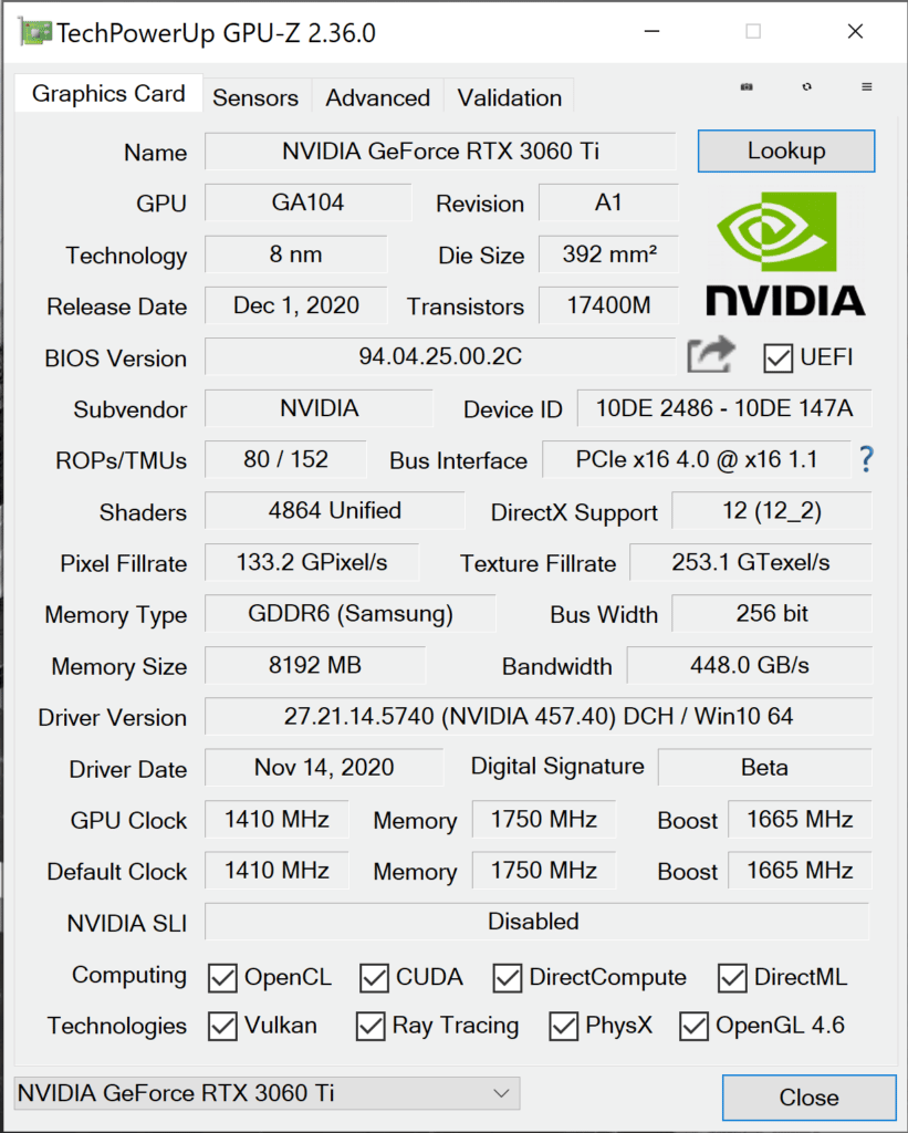 GPUZ GeForce RTX 3060Ti