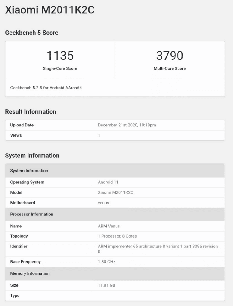 Xiaomi Mi 11 - Geekbench