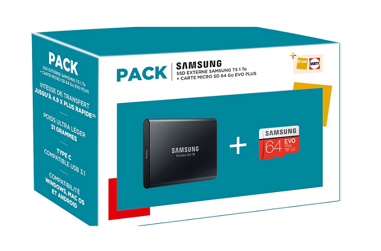 Image 1 : Pack SSD externe Samsung T5 1 TO + carte micro SD 64 GO Evo Plus à 129,99 € chez Darty