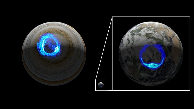 Jupiter aurores polaires - NASA/JPL-Caltech/SwRI/UVS/STScI/MODIS/WIC/IMAGE/ULiège