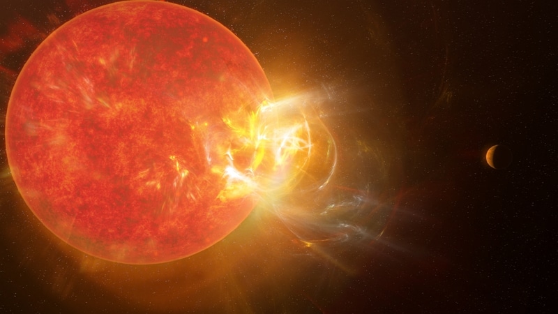 Une conception d'artiste d'une violente éruption stellaire de Proxima du Centaure. S. Dagnello, NRAO/AUI/NSF