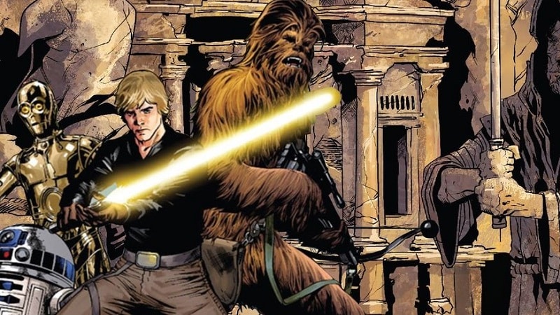 Luke Skywalker avec R2-D2, C-3PO et Chewbacca. Crédit : Marvel