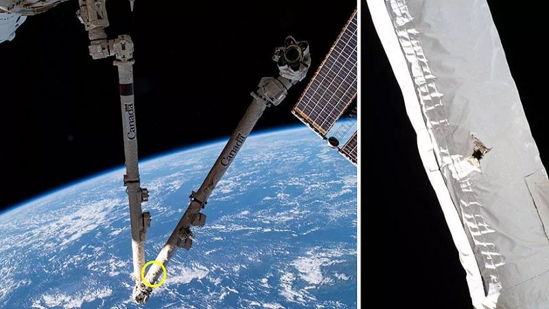 Image 1 : Un débris spatial frappe le bras de l’ISS qui échappe de peu à la catastrophe