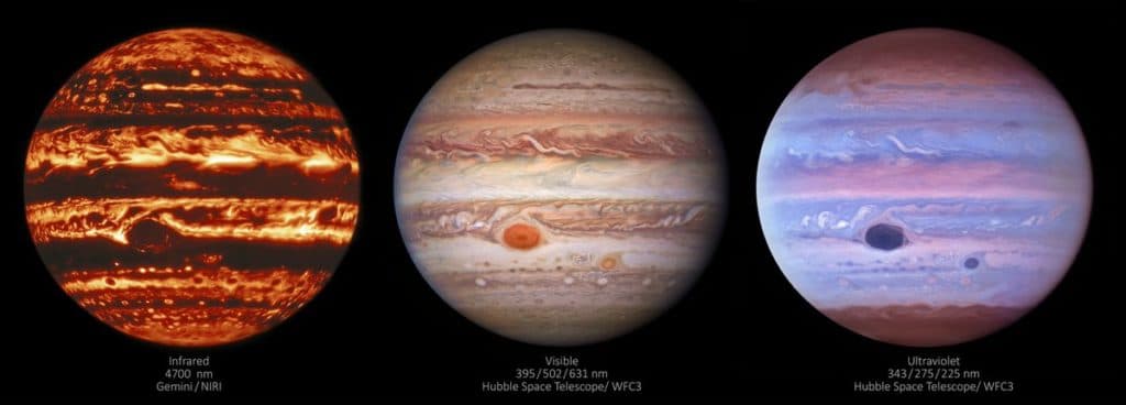 Jupiter, sous la lumière ultraviolette et infrarouge