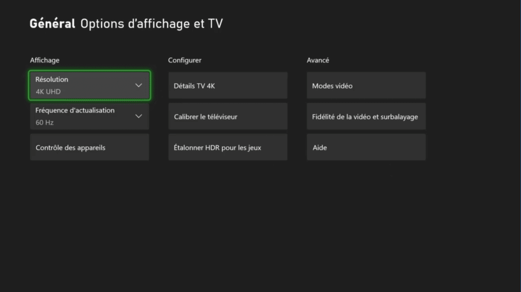 Xbox Series X option affichage