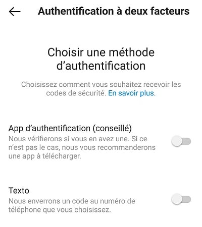 Les deux méthodes d'authentification à deux facteurs disponibles