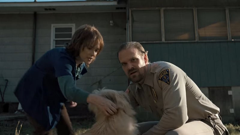 Le shérif Jim Hopper (David Harbour) et le chien Chester dans Stranger Things