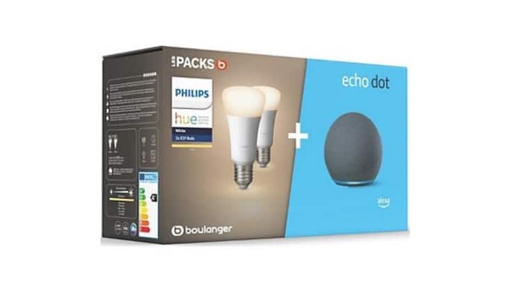 Image 1 : Le pack Echo Dot 4 + les ampoules Philips Hue E27 est à moins de 50 €