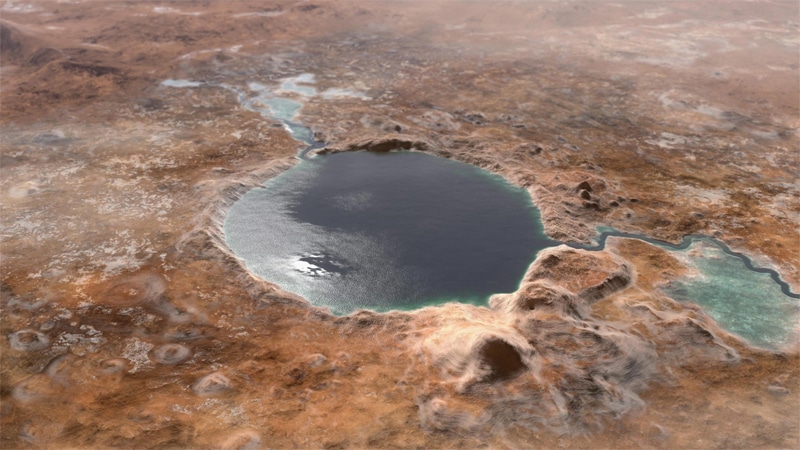 Apparence supposée du cratère Jezero sur Mars il y a plusieurs milliards d’années -  Crédits : NASA/JPL-Caltech