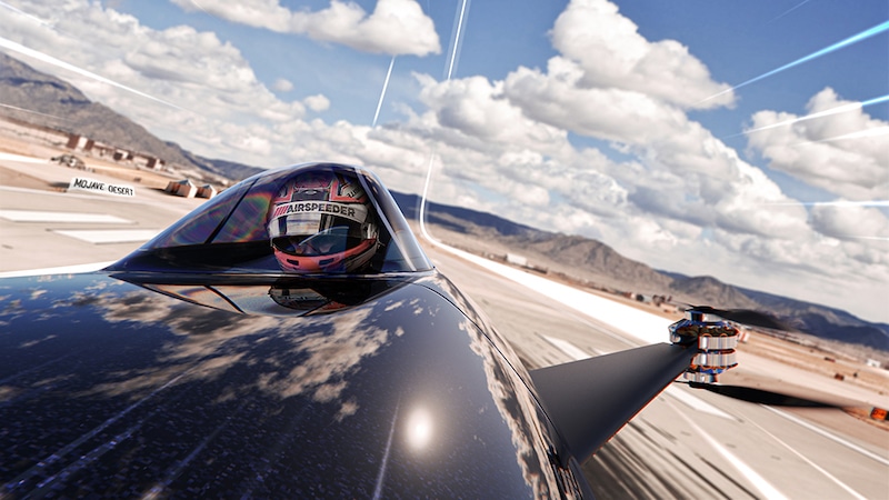 Illustration de la voiture volante électrique de compétition Airspeeder Mk3 d'Alauda en vol (Crédits image : Alauda)