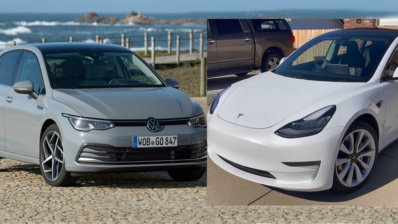 Une Golf TDI et une Tesla Model 3 - Crédits : Golf, Tesla