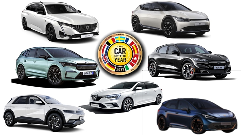 Les 7 voituers sélectionnées pour le COTY - Crédits : Cupra, Skoda, Ford Mustang , Peugeot , Renault, Kia et Hyundai.
