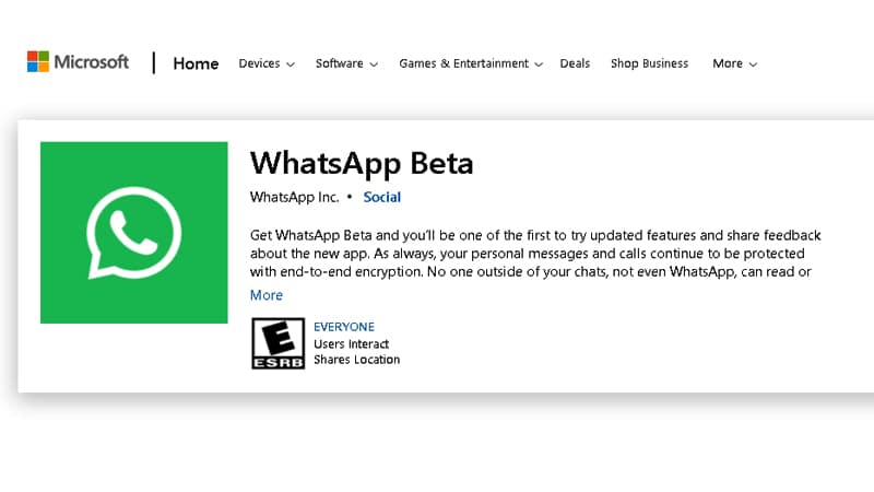 Capture d'écran du lien de téléchargement de WhatsApp Beta UWP - Crédits : Microsoft Store