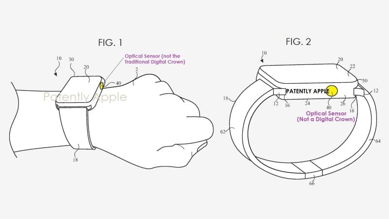 Un capteur optique remplacerait l'habituelle couronne numérique de l'Apple Watch - Crédits : Patently Apple