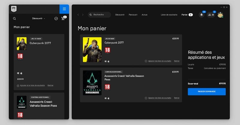 L'interface du panier sur mobile et PC