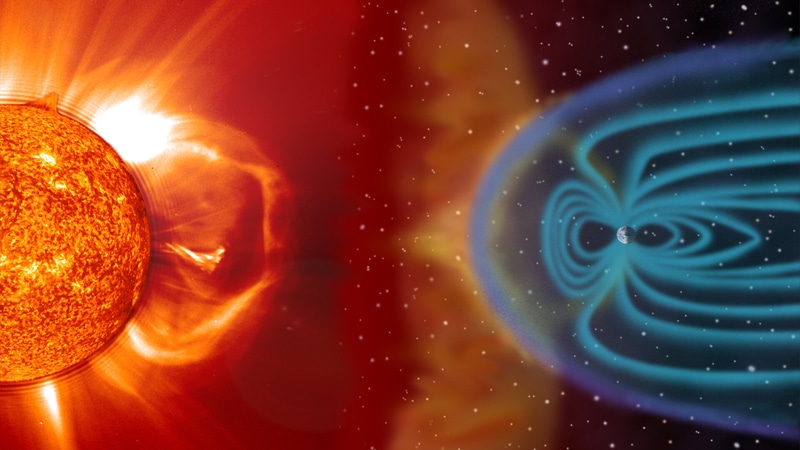 Illustration d'une éjection de masse coronale provoquant des vents solaires, lesquels stoppes par le champ magnétique terrestre - Crédits : SOHO/LASCO/EIT (ESA & NASA)